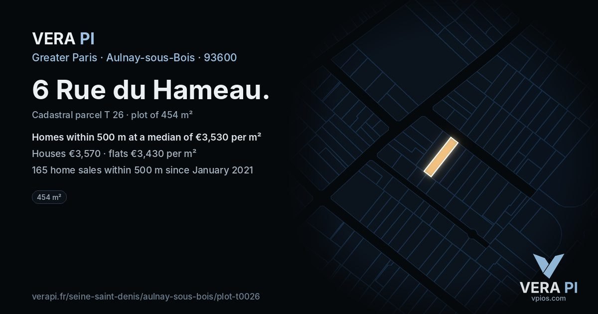 6 Rue du Hameau, Aulnay-sous-Bois at night – the plot lit, the parcels around coloured by the prices near them