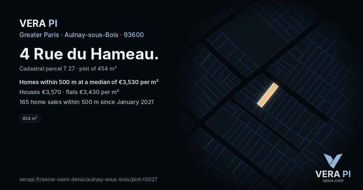 4 Rue du Hameau, Aulnay-sous-Bois at night – the plot lit, the parcels around coloured by the prices near them