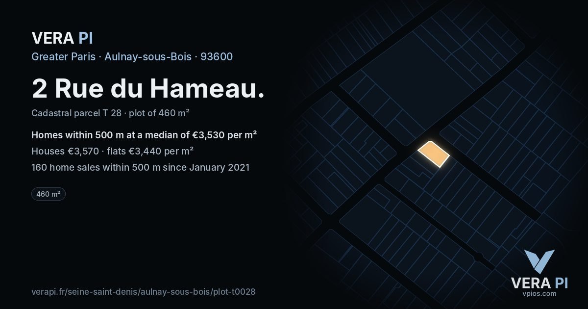 2 Rue du Hameau, Aulnay-sous-Bois at night – the plot lit, the parcels around coloured by the prices near them