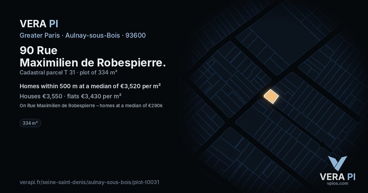 90 Rue Maximilien de Robespierre, Aulnay-sous-Bois at night – the plot lit, the parcels around coloured by the prices near them