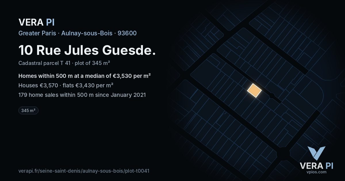 10 Rue Jules Guesde, Aulnay-sous-Bois at night – the plot lit, the parcels around coloured by the prices near them