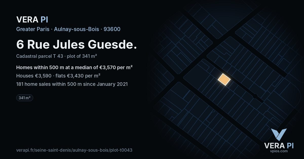6 Rue Jules Guesde, Aulnay-sous-Bois at night – the plot lit, the parcels around coloured by the prices near them