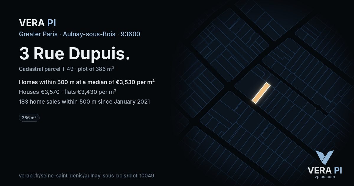 3 Rue Dupuis, Aulnay-sous-Bois at night – the plot lit, the parcels around coloured by the prices near them