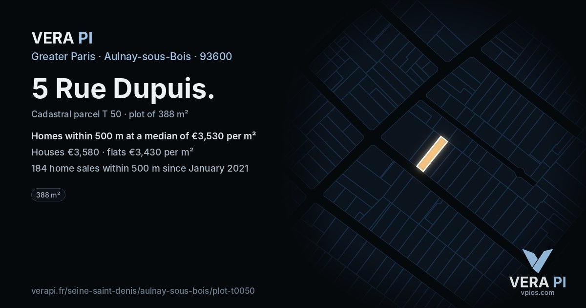 5 Rue Dupuis, Aulnay-sous-Bois at night – the plot lit, the parcels around coloured by the prices near them