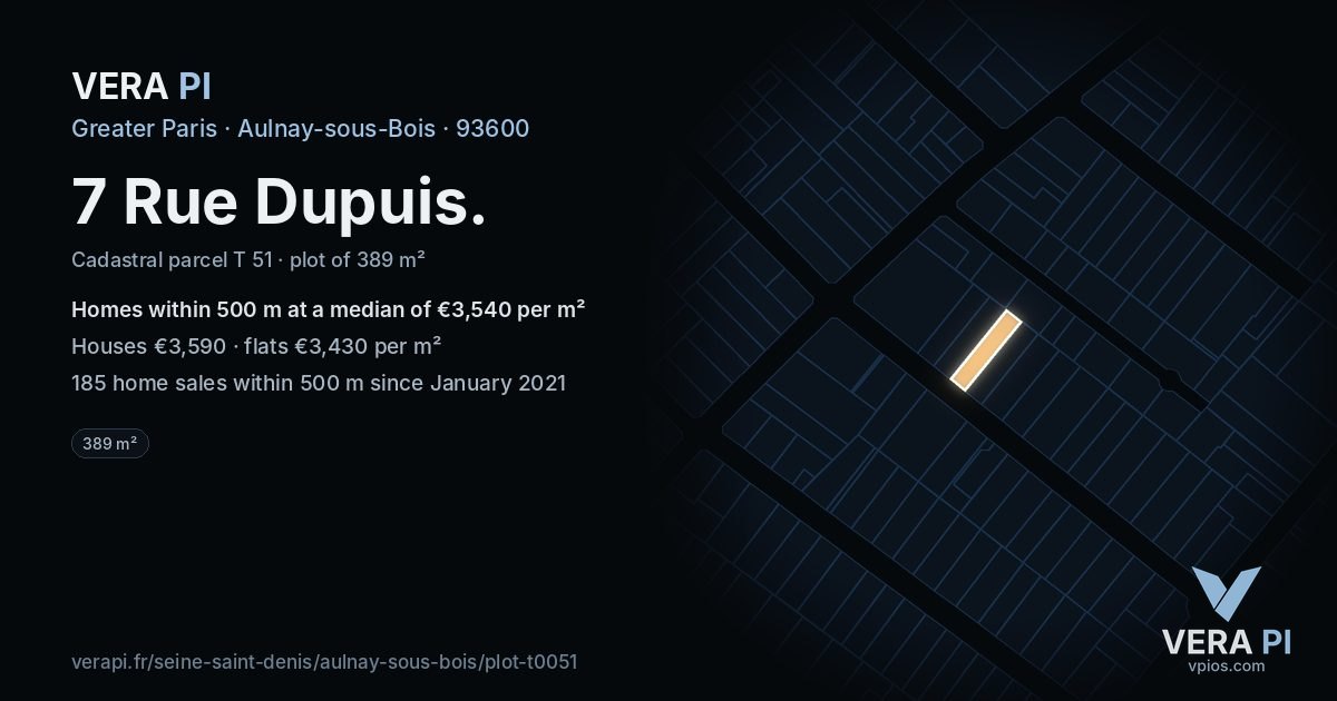 7 Rue Dupuis, Aulnay-sous-Bois at night – the plot lit, the parcels around coloured by the prices near them