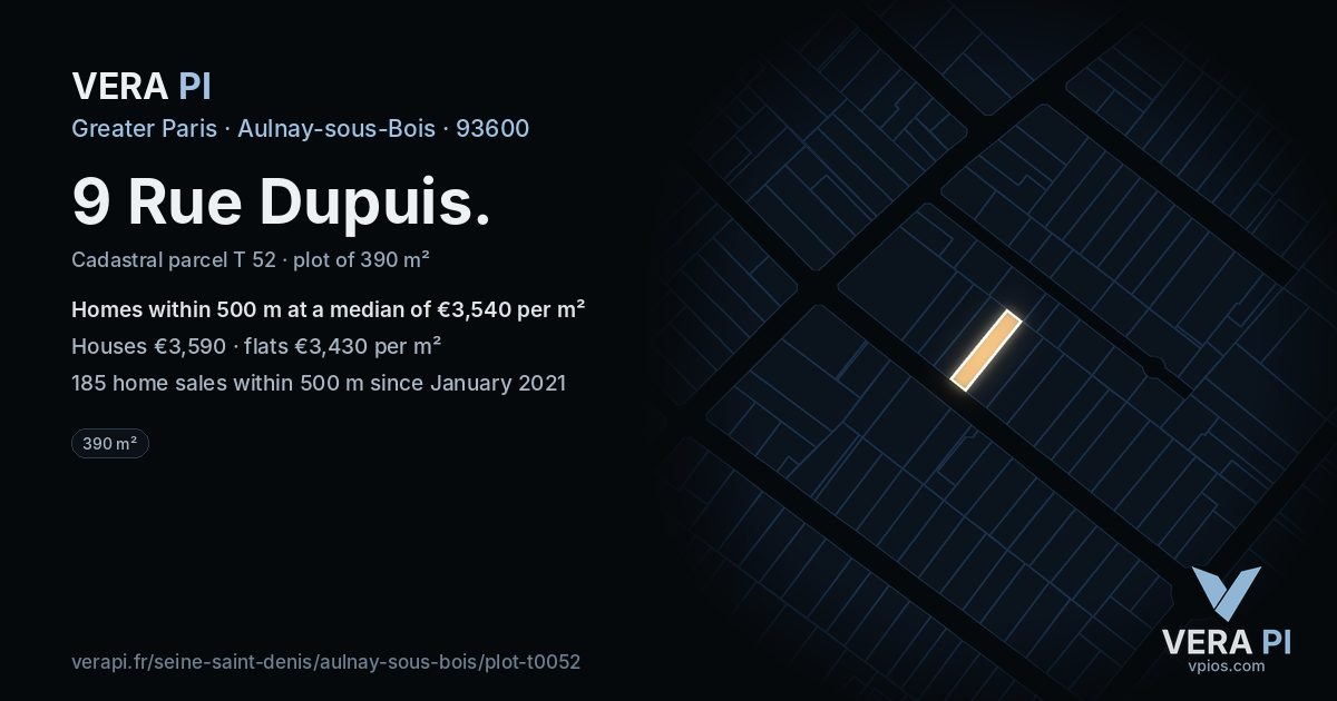 9 Rue Dupuis, Aulnay-sous-Bois at night – the plot lit, the parcels around coloured by the prices near them