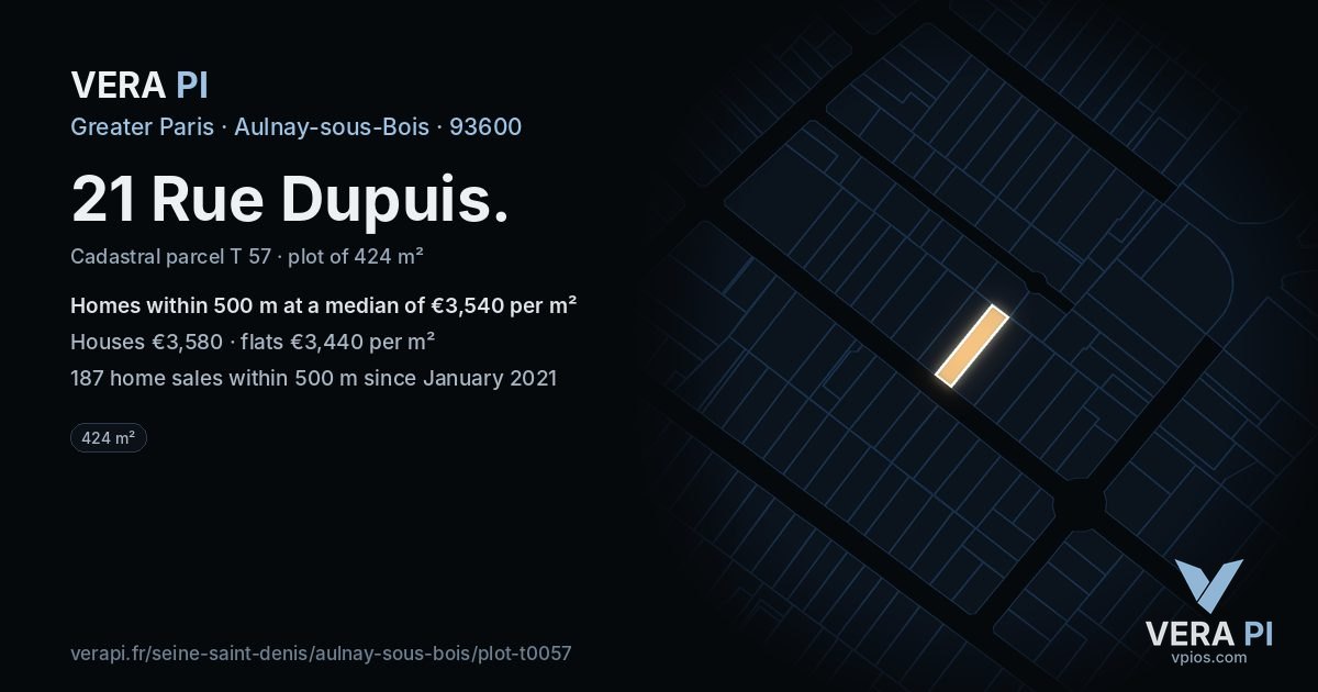 21 Rue Dupuis, Aulnay-sous-Bois at night – the plot lit, the parcels around coloured by the prices near them