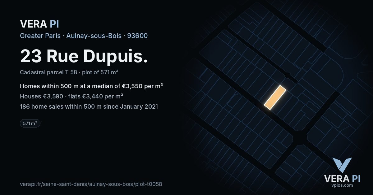 23 Rue Dupuis, Aulnay-sous-Bois at night – the plot lit, the parcels around coloured by the prices near them