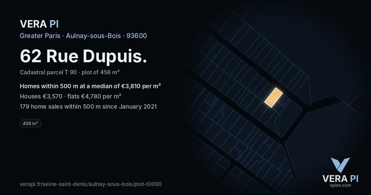 62 Rue Dupuis, Aulnay-sous-Bois at night – the plot lit, the parcels around coloured by the prices near them