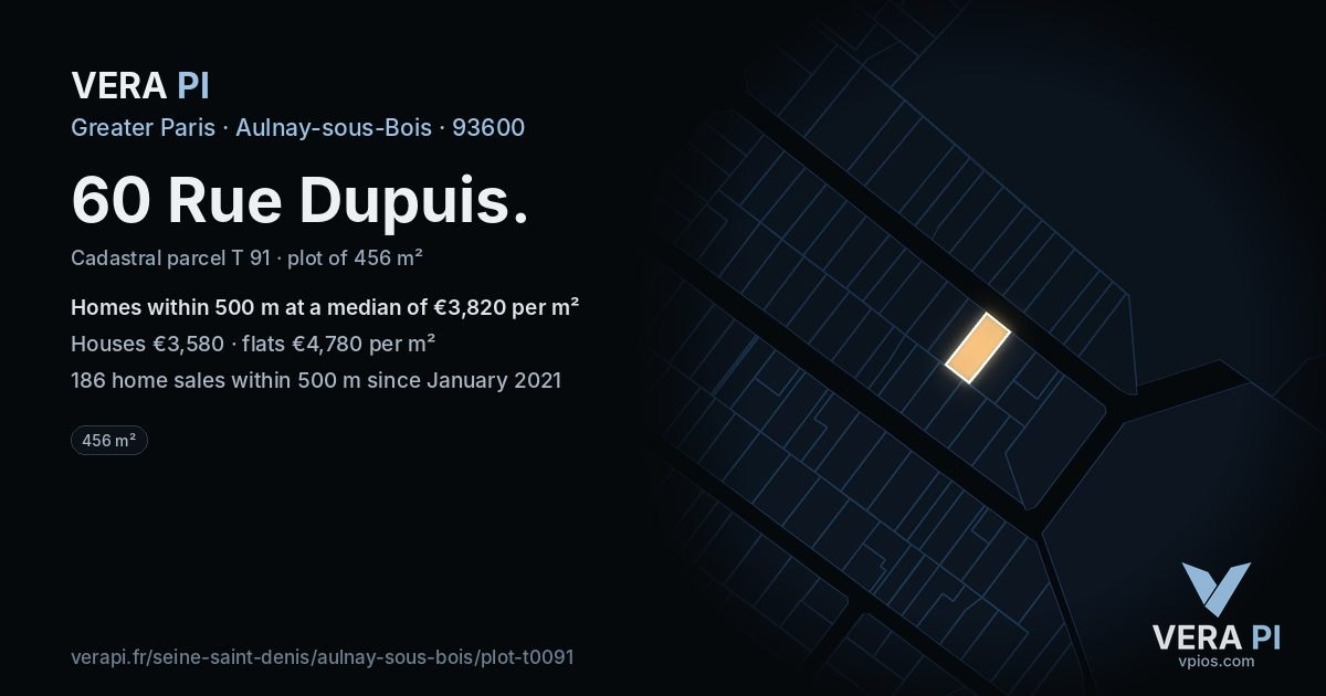 60 Rue Dupuis, Aulnay-sous-Bois at night – the plot lit, the parcels around coloured by the prices near them