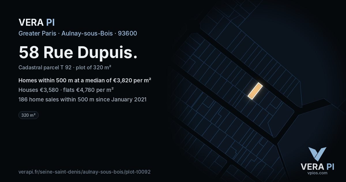58 Rue Dupuis, Aulnay-sous-Bois at night – the plot lit, the parcels around coloured by the prices near them