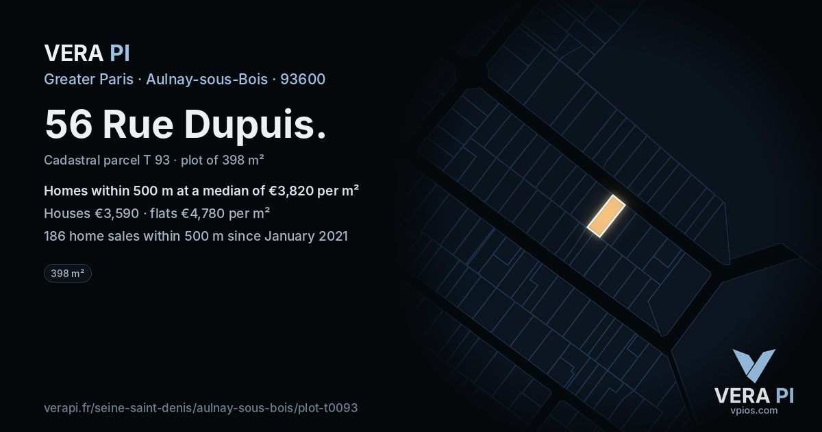 56 Rue Dupuis, Aulnay-sous-Bois at night – the plot lit, the parcels around coloured by the prices near them