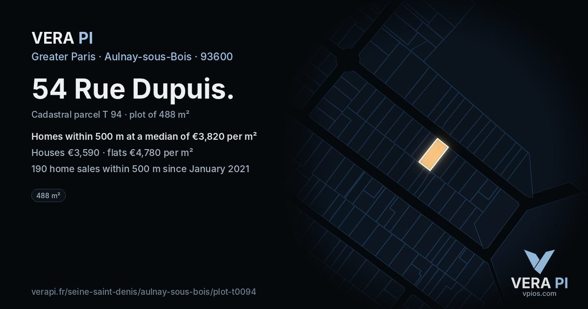 54 Rue Dupuis, Aulnay-sous-Bois at night – the plot lit, the parcels around coloured by the prices near them