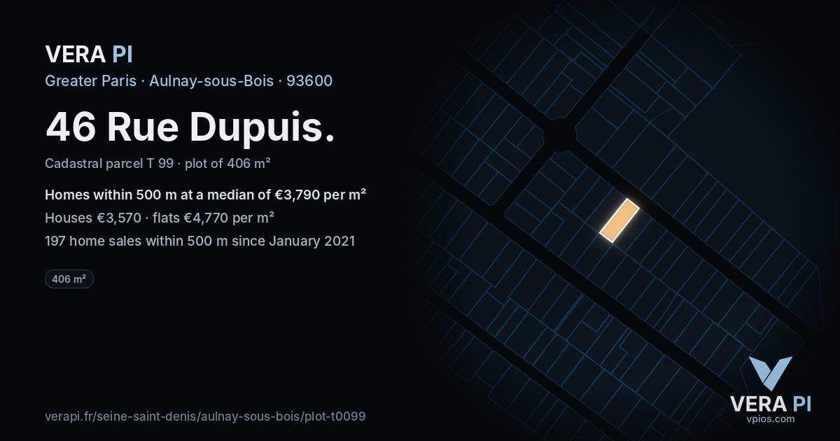 46 Rue Dupuis, Aulnay-sous-Bois at night – the plot lit, the parcels around coloured by the prices near them
