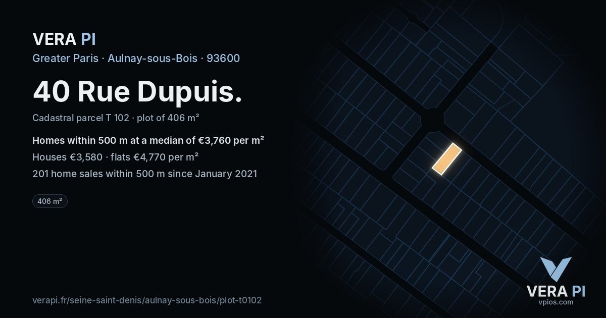 40 Rue Dupuis, Aulnay-sous-Bois at night – the plot lit, the parcels around coloured by the prices near them