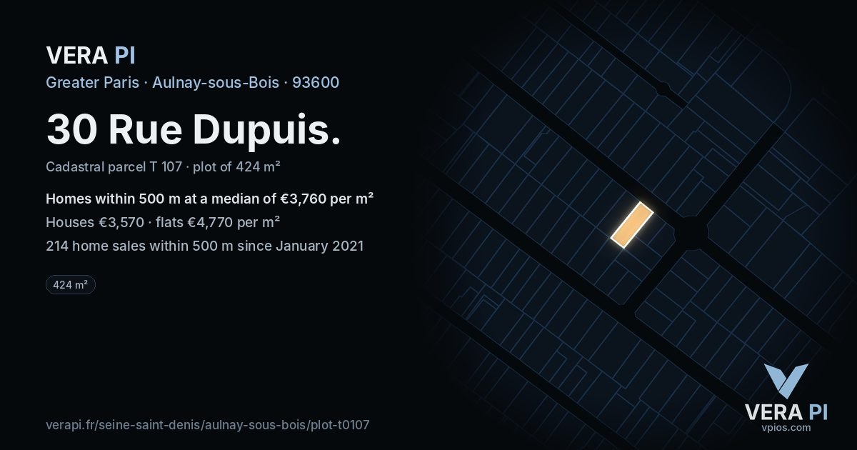 30 Rue Dupuis, Aulnay-sous-Bois at night – the plot lit, the parcels around coloured by the prices near them