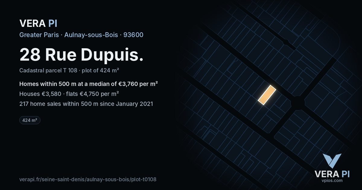 28 Rue Dupuis, Aulnay-sous-Bois at night – the plot lit, the parcels around coloured by the prices near them