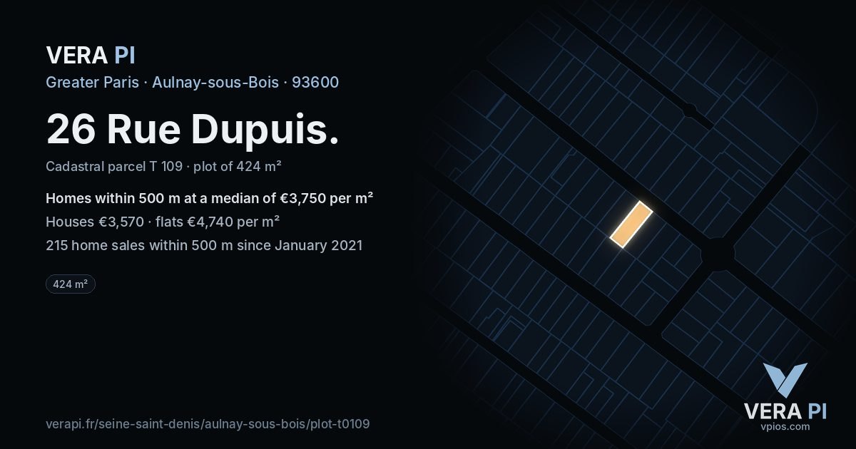 26 Rue Dupuis, Aulnay-sous-Bois at night – the plot lit, the parcels around coloured by the prices near them