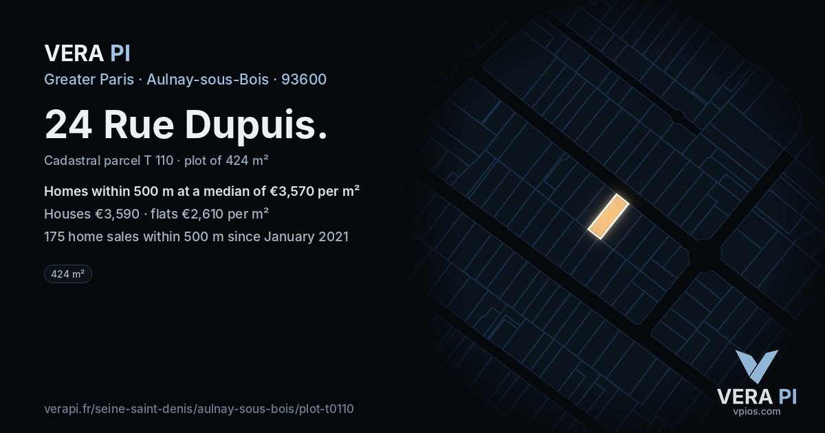 24 Rue Dupuis, Aulnay-sous-Bois at night – the plot lit, the parcels around coloured by the prices near them