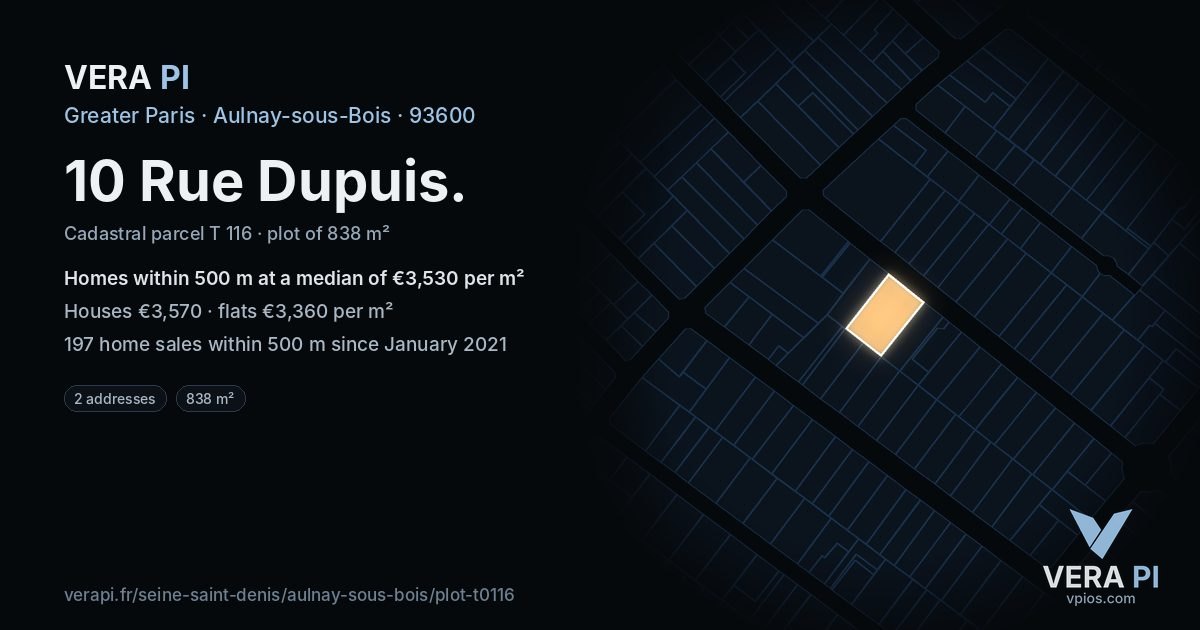 10 Rue Dupuis, Aulnay-sous-Bois at night – the plot lit, the parcels around coloured by the prices near them