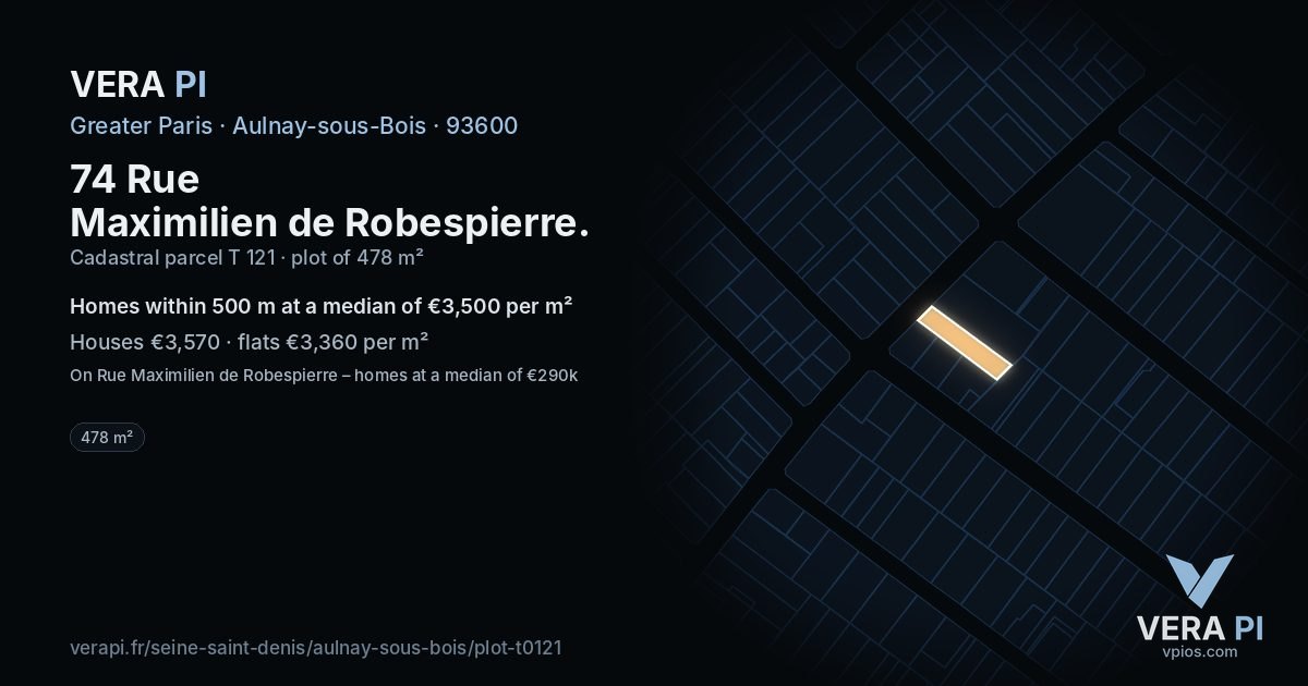 74 Rue Maximilien de Robespierre, Aulnay-sous-Bois at night – the plot lit, the parcels around coloured by the prices near them