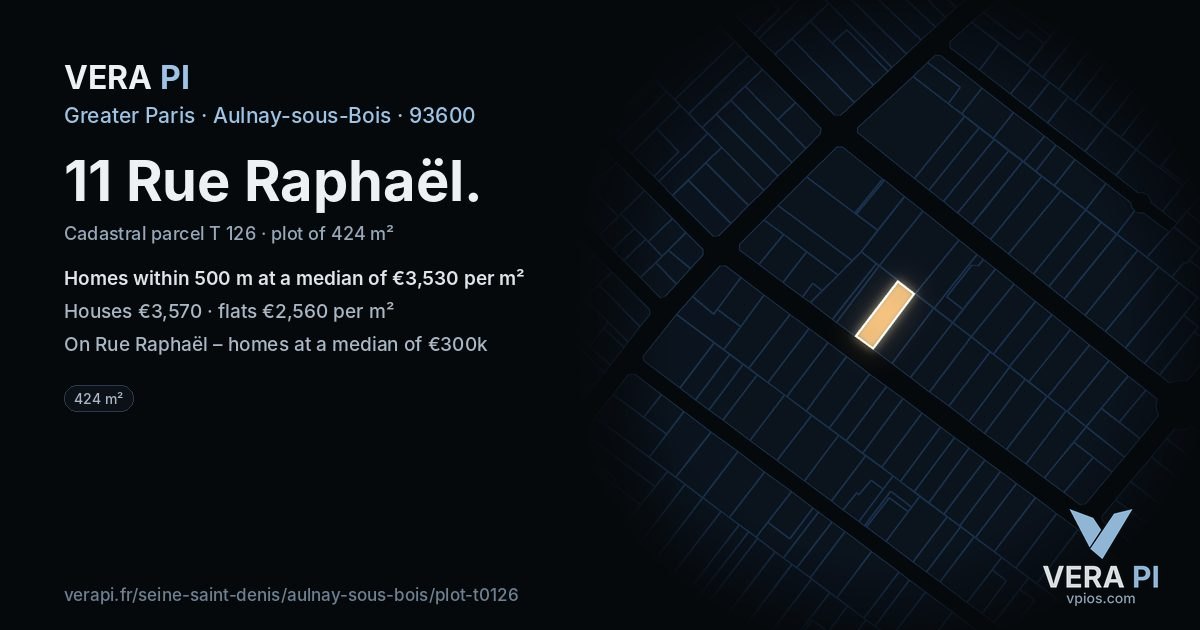 11 Rue Raphaël, Aulnay-sous-Bois at night – the plot lit, the parcels around coloured by the prices near them