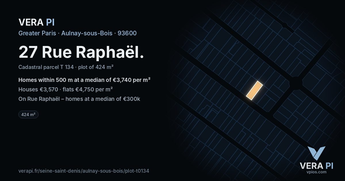 27 Rue Raphaël, Aulnay-sous-Bois at night – the plot lit, the parcels around coloured by the prices near them