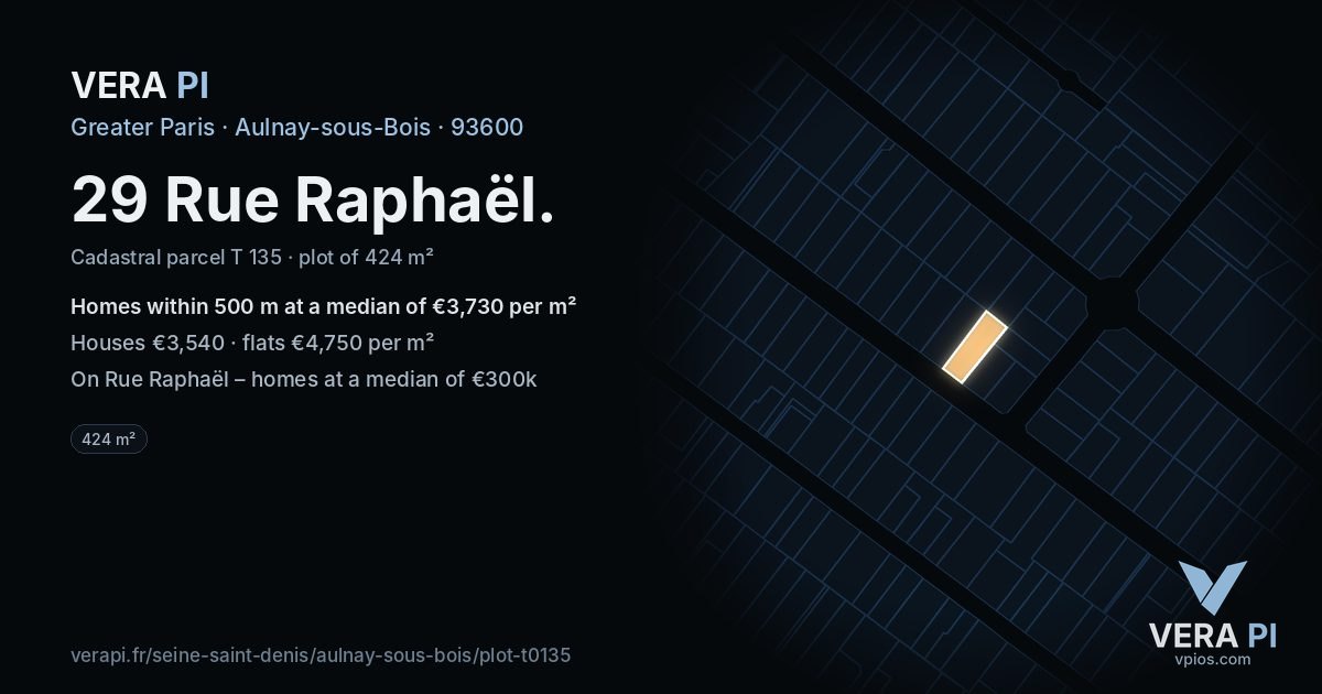 29 Rue Raphaël, Aulnay-sous-Bois at night – the plot lit, the parcels around coloured by the prices near them