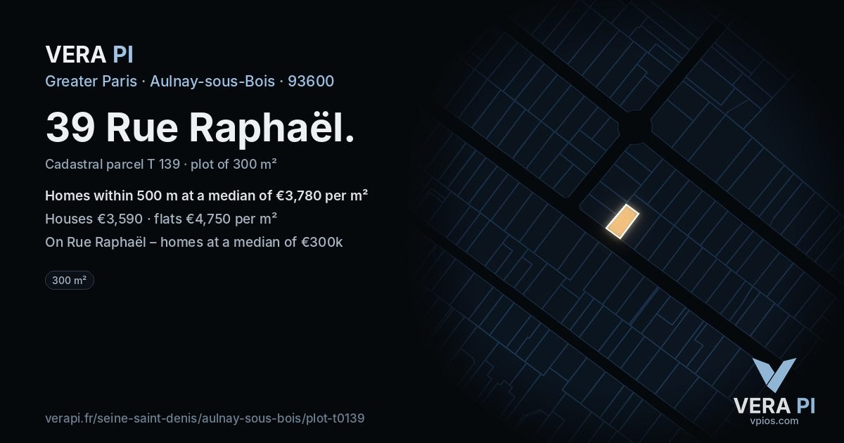 39 Rue Raphaël, Aulnay-sous-Bois at night – the plot lit, the parcels around coloured by the prices near them