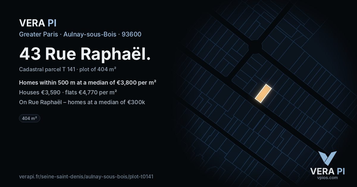 43 Rue Raphaël, Aulnay-sous-Bois at night – the plot lit, the parcels around coloured by the prices near them