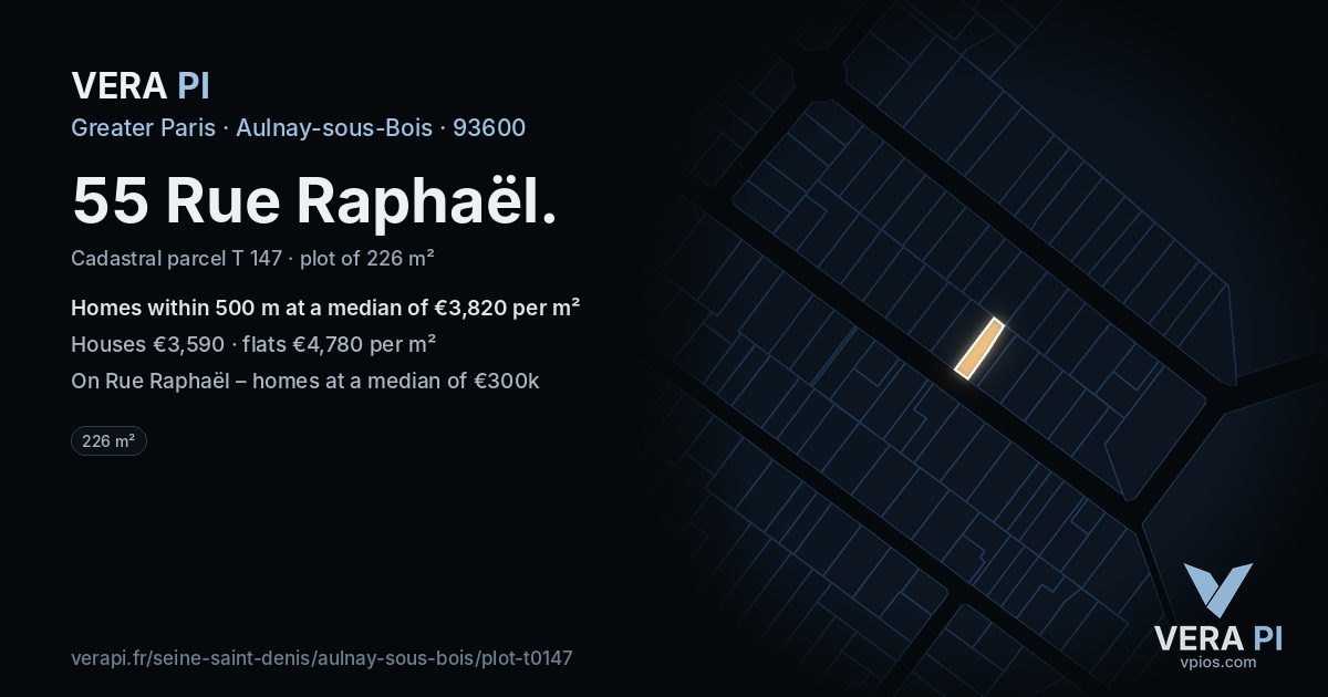 55 Rue Raphaël, Aulnay-sous-Bois at night – the plot lit, the parcels around coloured by the prices near them