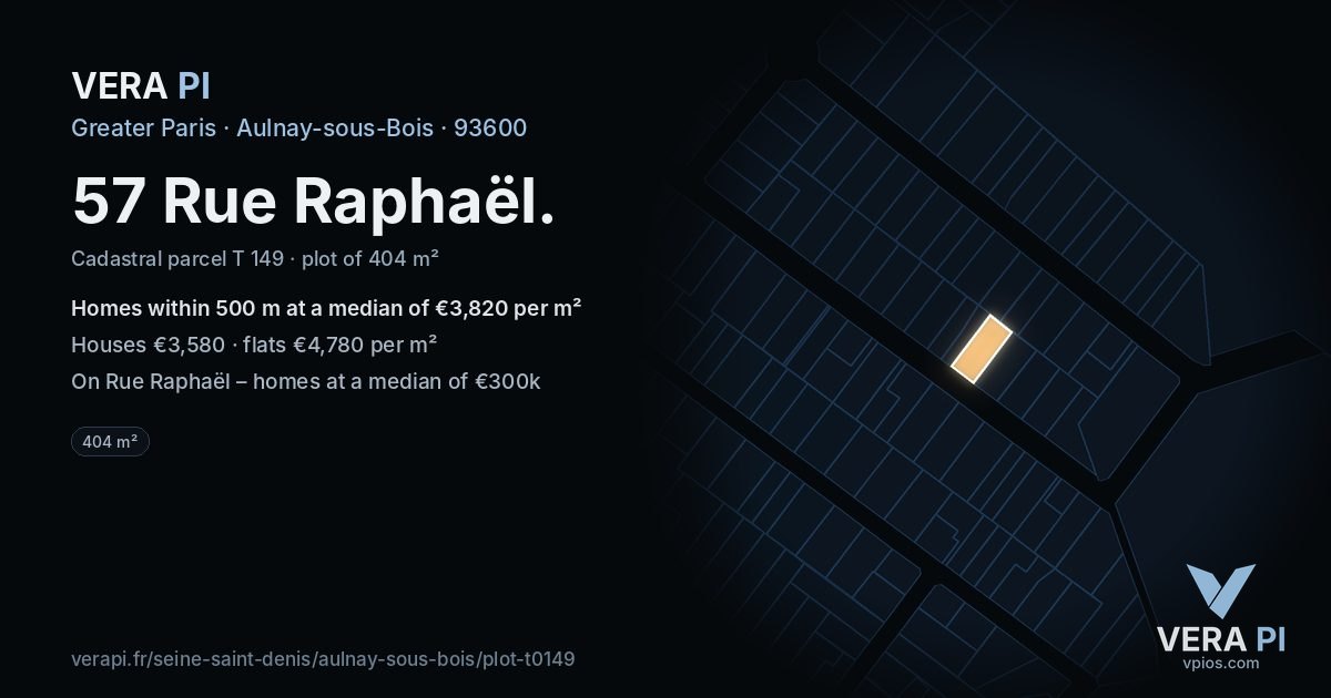 57 Rue Raphaël, Aulnay-sous-Bois at night – the plot lit, the parcels around coloured by the prices near them