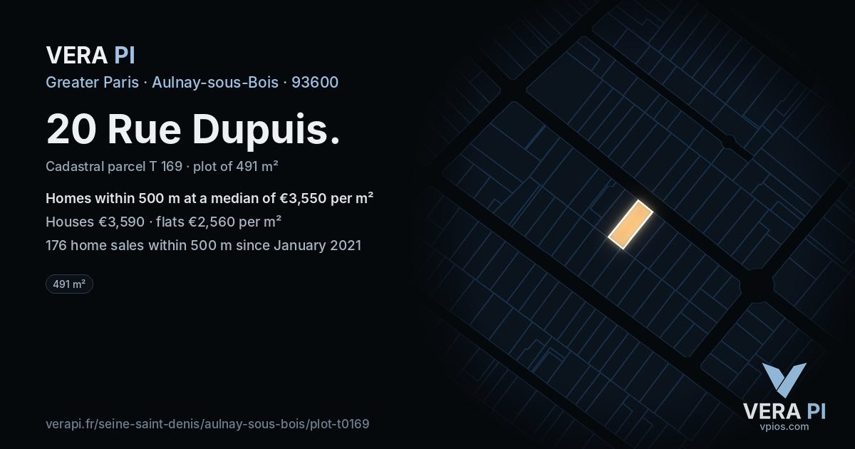 20 Rue Dupuis, Aulnay-sous-Bois at night – the plot lit, the parcels around coloured by the prices near them