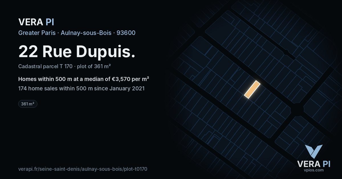 22 Rue Dupuis, Aulnay-sous-Bois at night – the plot lit, the parcels around coloured by the prices near them