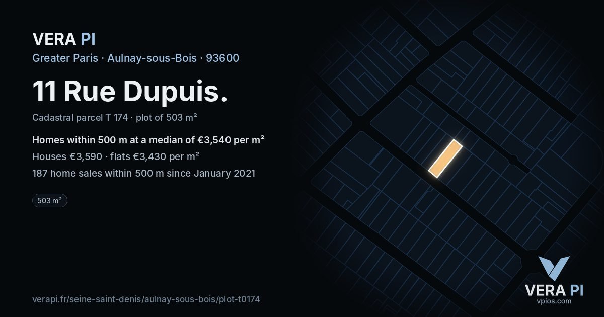 11 Rue Dupuis, Aulnay-sous-Bois at night – the plot lit, the parcels around coloured by the prices near them
