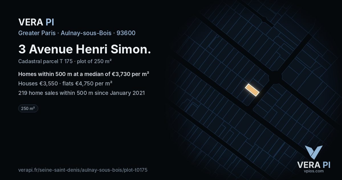 3 Avenue Henri Simon, Aulnay-sous-Bois at night – the plot lit, the parcels around coloured by the prices near them
