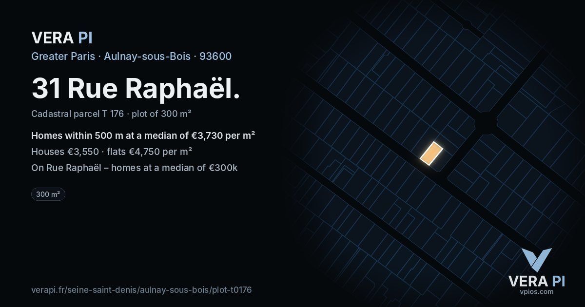 31 Rue Raphaël, Aulnay-sous-Bois at night – the plot lit, the parcels around coloured by the prices near them