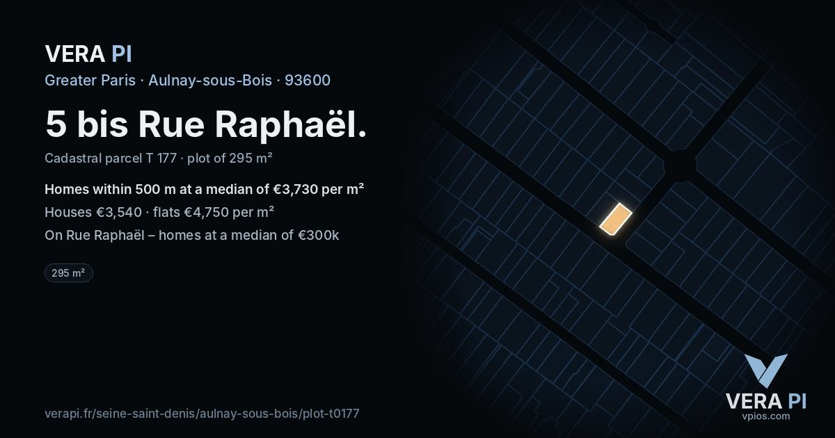 5 bis Rue Raphaël, Aulnay-sous-Bois at night – the plot lit, the parcels around coloured by the prices near them