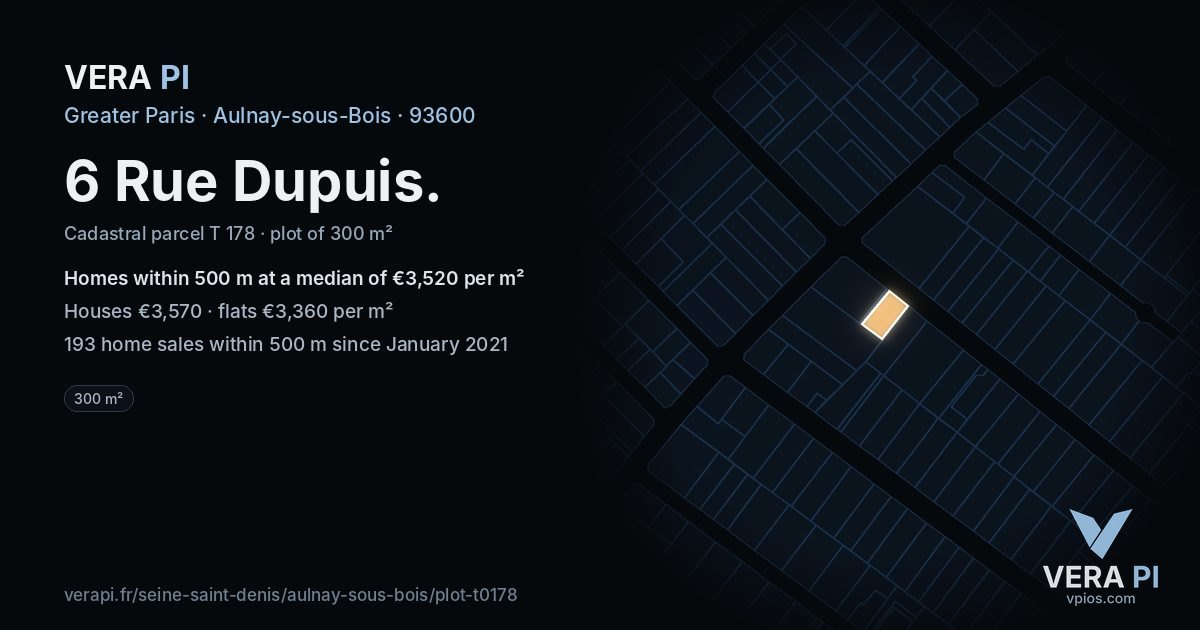 6 Rue Dupuis, Aulnay-sous-Bois at night – the plot lit, the parcels around coloured by the prices near them