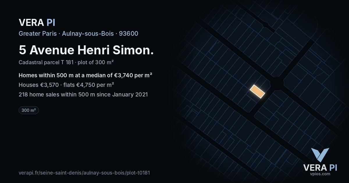 5 Avenue Henri Simon, Aulnay-sous-Bois at night – the plot lit, the parcels around coloured by the prices near them