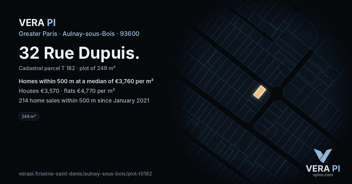 32 Rue Dupuis, Aulnay-sous-Bois at night – the plot lit, the parcels around coloured by the prices near them