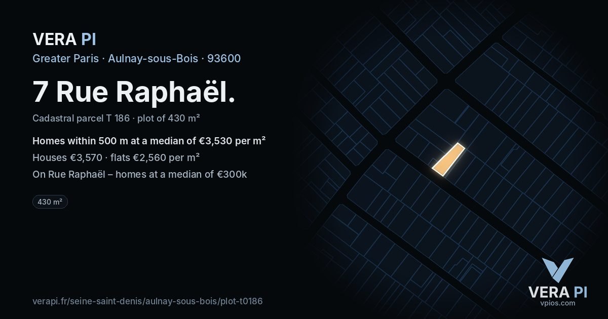 7 Rue Raphaël, Aulnay-sous-Bois at night – the plot lit, the parcels around coloured by the prices near them