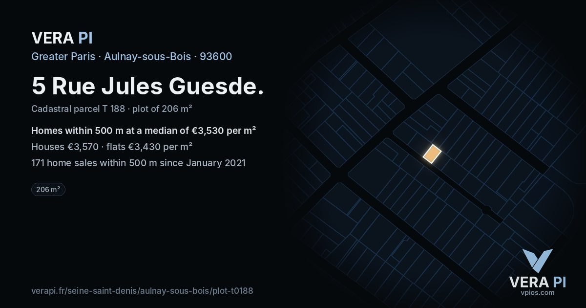 5 Rue Jules Guesde, Aulnay-sous-Bois at night – the plot lit, the parcels around coloured by the prices near them