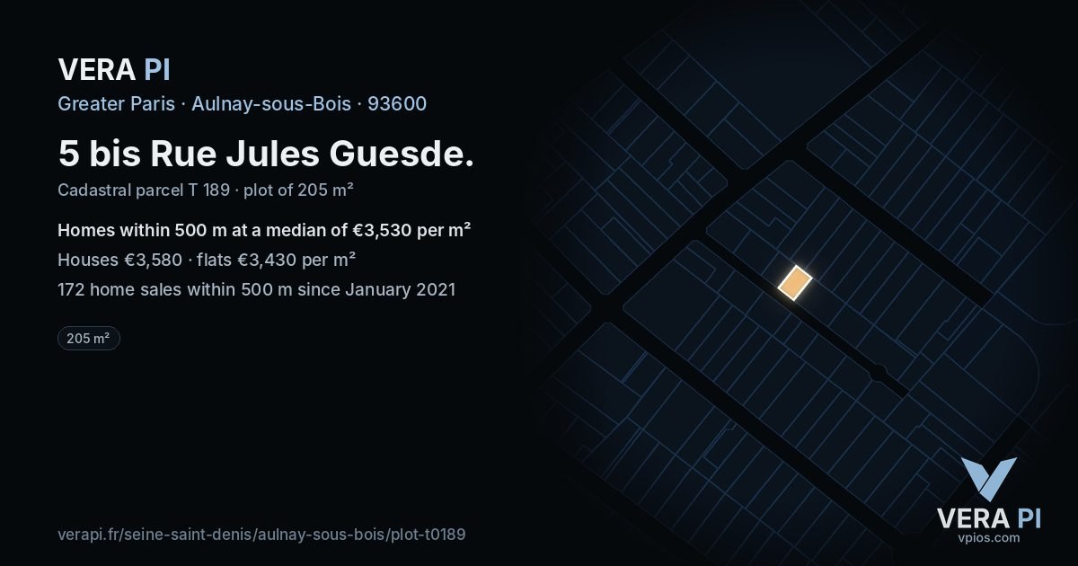 5 bis Rue Jules Guesde, Aulnay-sous-Bois at night – the plot lit, the parcels around coloured by the prices near them