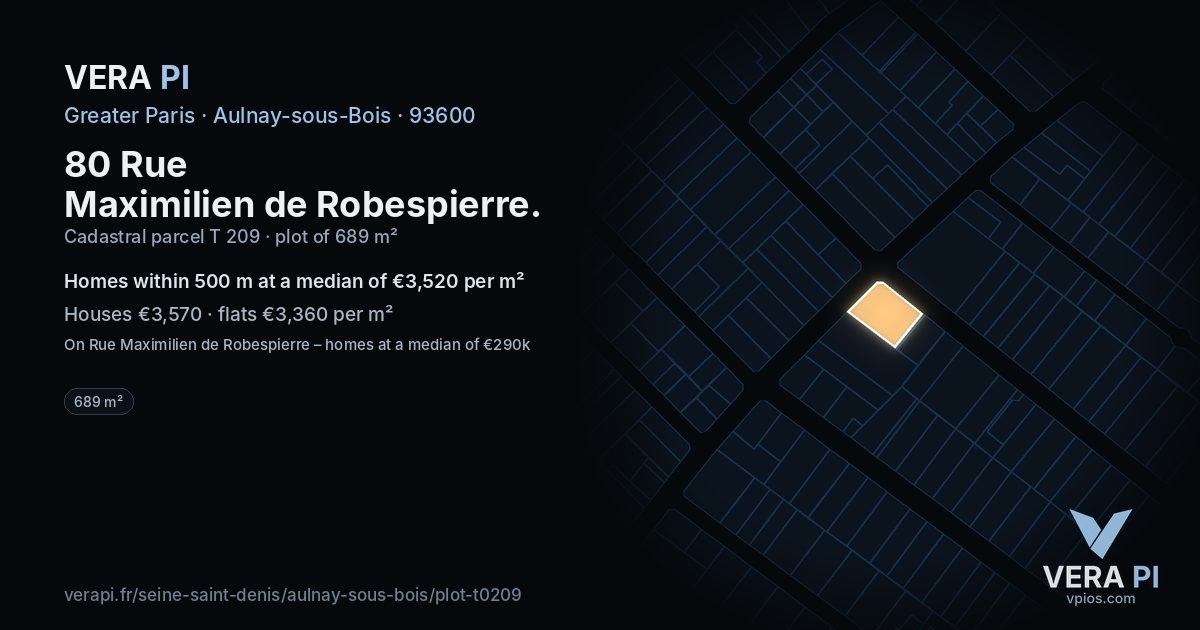 80 Rue Maximilien de Robespierre, Aulnay-sous-Bois at night – the plot lit, the parcels around coloured by the prices near them