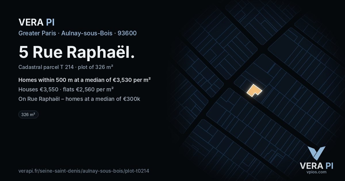 5 Rue Raphaël, Aulnay-sous-Bois at night – the plot lit, the parcels around coloured by the prices near them