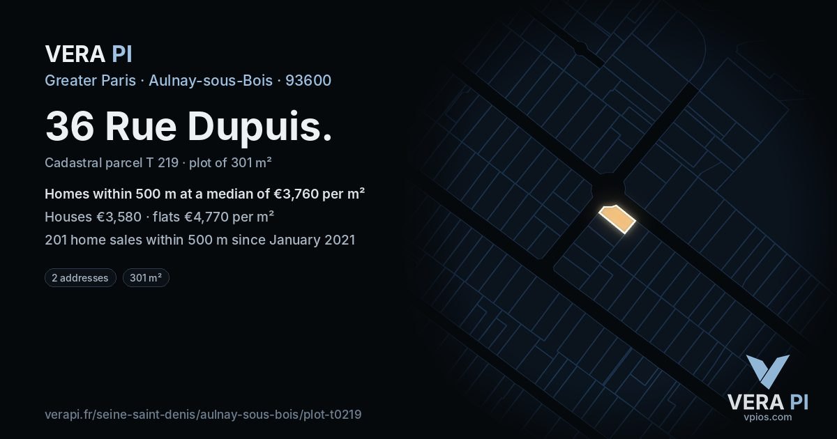 36 Rue Dupuis, Aulnay-sous-Bois at night – the plot lit, the parcels around coloured by the prices near them