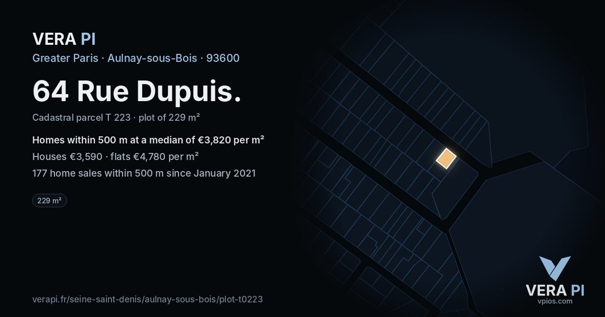 64 Rue Dupuis, Aulnay-sous-Bois at night – the plot lit, the parcels around coloured by the prices near them