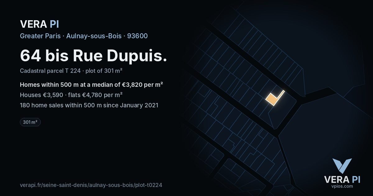 64 bis Rue Dupuis, Aulnay-sous-Bois at night – the plot lit, the parcels around coloured by the prices near them