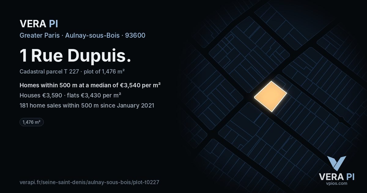 1 Rue Dupuis, Aulnay-sous-Bois at night – the plot lit, the parcels around coloured by the prices near them
